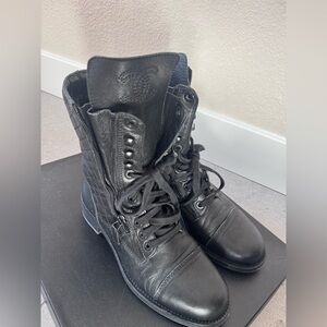 CHANEL Black Leather Lace-Up Boots